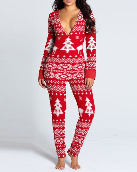 

women christmas slim jumpsuit hip button long sleeve crew neck rompers female pencil pants jumpsuit, Black;white