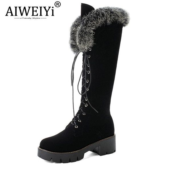 

boots aiweiyi woman knee high fur keep warm winter snow black lace up