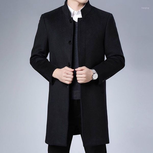 

hengyuanxiang woolen coat men's plush medium and long standing collar middle aged men's autumn and winter woolen coat1, Black