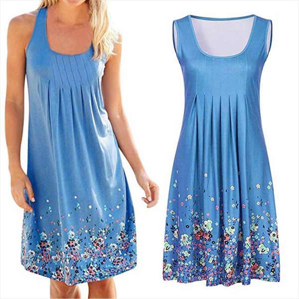 

sleeveless fashion new style floral beach summer dress 2019 casual six colors straight women dress print plus size, Black;gray