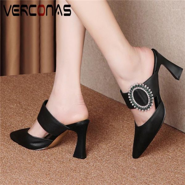 

verconas women mules rhinestones pearl slippers genuine leather concise pointed toe thick heel high heeled sandals shoes woman1, Black