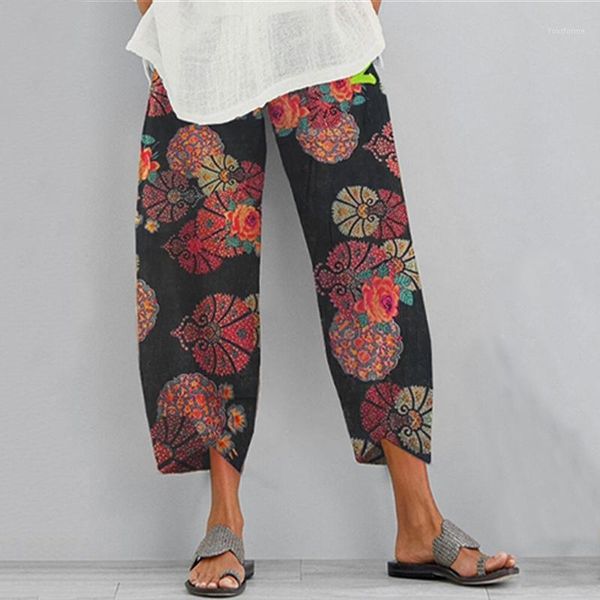

women's pants & capris 2021 summer women irregular hem flower print long trousers plus size female streetwear loose pockets pantalones#, Black;white