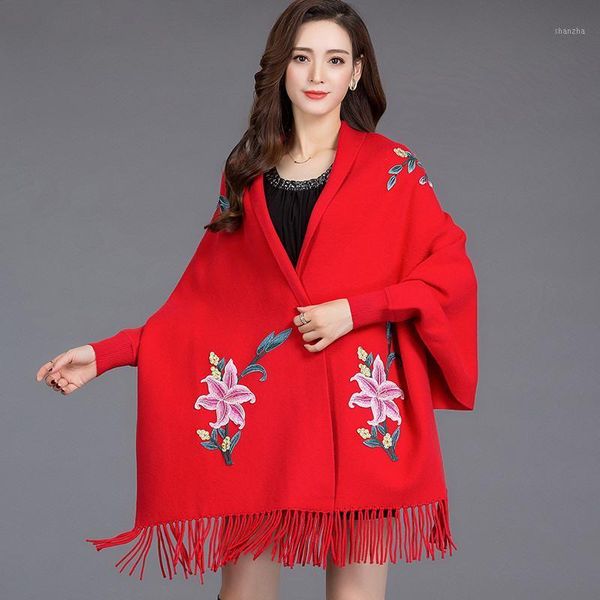

2019 autumn winter wome embroidery tassel warm cashmere knit scarf poncho cardigan female batwing sleeve wrap tricot cape k1851, Black
