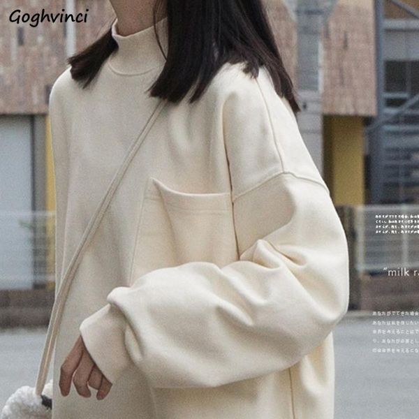 

women's hoodies & sweatshirts women japanese style turtleneck oversize flocking thicker warm pullover no hat students simple leisure ch, Black