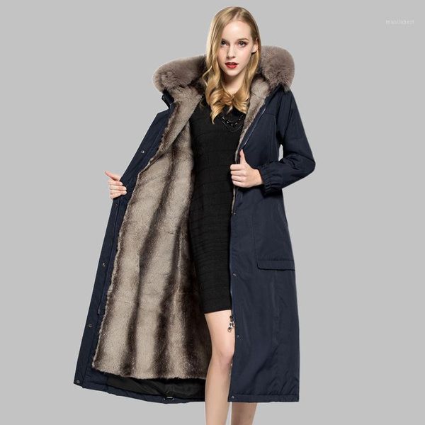 

hanzangl brand plus size raccoon fur collar detachable fur coat winter jacket x-long women rex liner hooded parkas1, Black