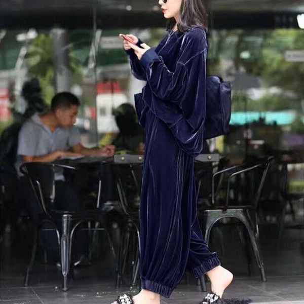 

two piece set female 2020 spring autumn plus size gold velvet suit women fashion loose casual sports wide leg pants ropa mujer, Gray