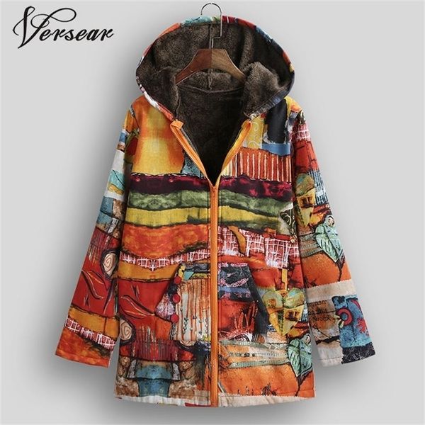 

versear ethnic women jacket colorful graffiti print faux fur lining hooded coats casual long sleeve pockets outerwear plus size y201012, Black;brown