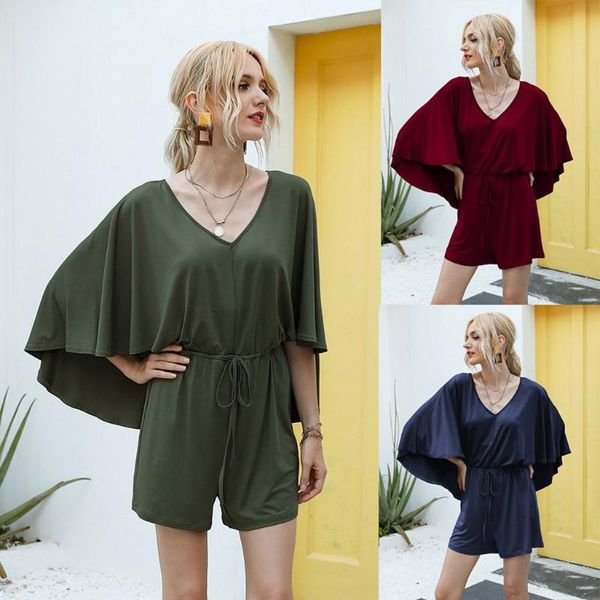 

women's solid casual v neck short sleeve elegant short jumpsuit womens sets loose summer pants 2021 plus size costume fashion f1, Black;white