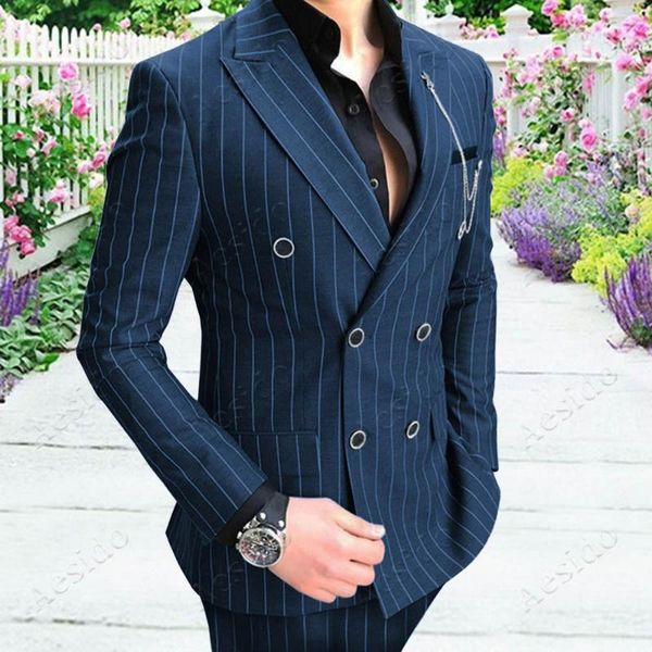 

aesido casual men's suits slim fit 2 piece striped double breasted prom tuxedos classic business jacket blazer pants 2021, White;black