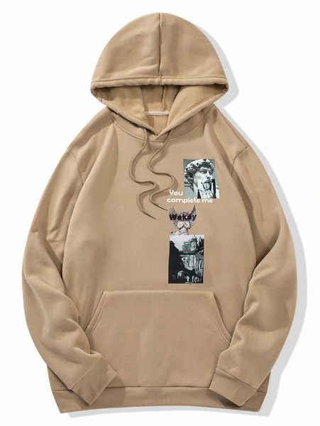 

men figure & letter graphic kangaroo pocket thermal hoodie j1x0#, Black