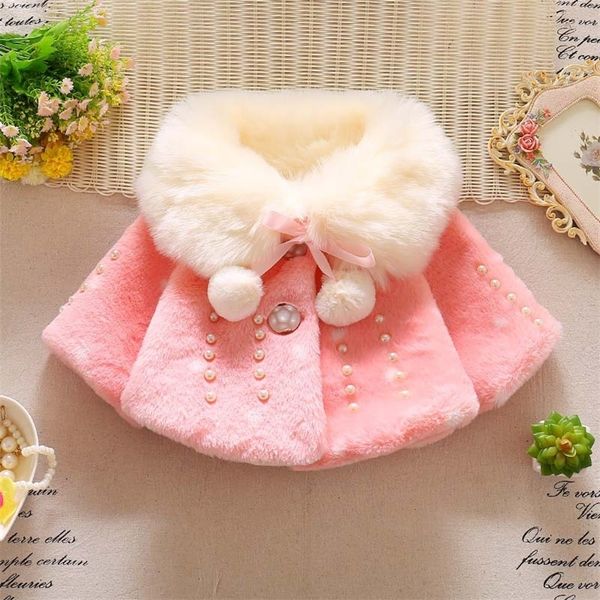 

winter baby girls coats children faux fur lapels collar polka dot jackets kids pearl button plus velvet thicken outerwear 201216, Blue;gray