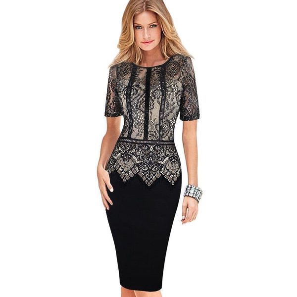 

womens dress elegant vestidos lace peplum see through sleeve casual party special occasion sheath fitted bodycon dress 386, Black;gray