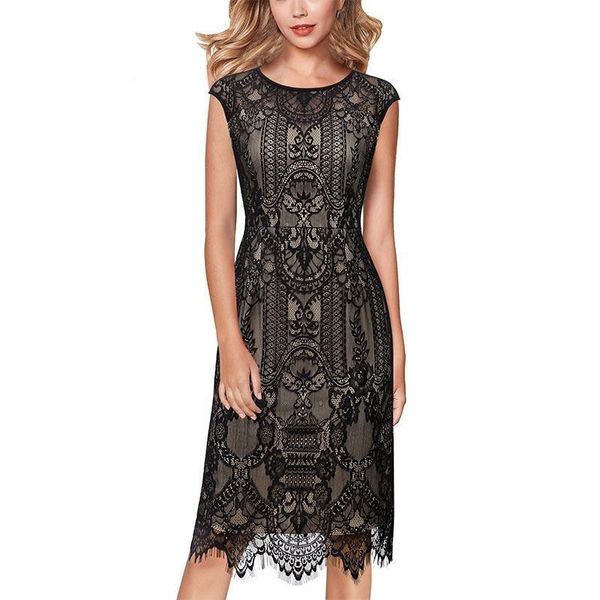 

womens vintage elegant baroque floral lace illusion neck belted scalloped hem semi-formal cocktail party shift dress 271, Black;gray