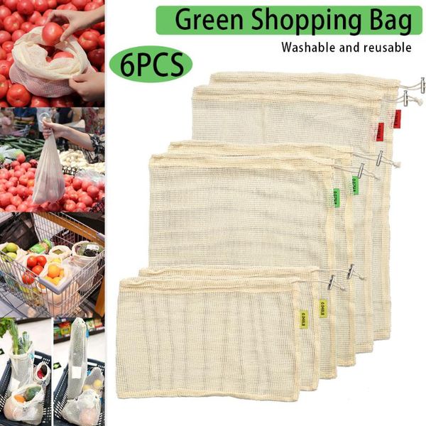 

6pcs/set reusable mesh produce bags non plastic cotton vegetable bags washable see-through drawstring for shopping fp
