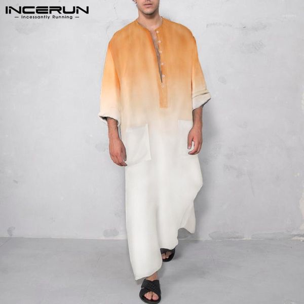 

incerun men jubba thobe islamic arabic muslim kaftan gradient long sleeve button robes middle east dubai caftan mens clothes 5xl1, Red