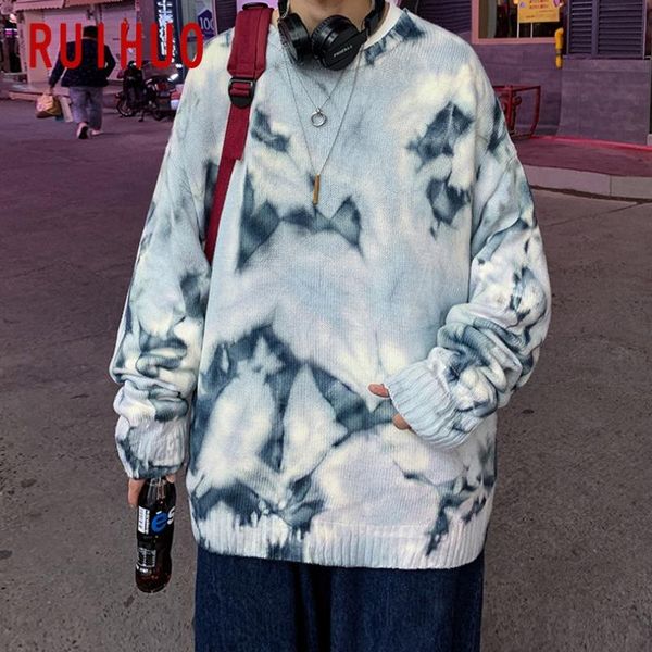 

ruihuo tie dye casual sweater men clothing 2020 fashion harajuku sweaters pullover mens sweater for men korean clothes -2xl, White;black