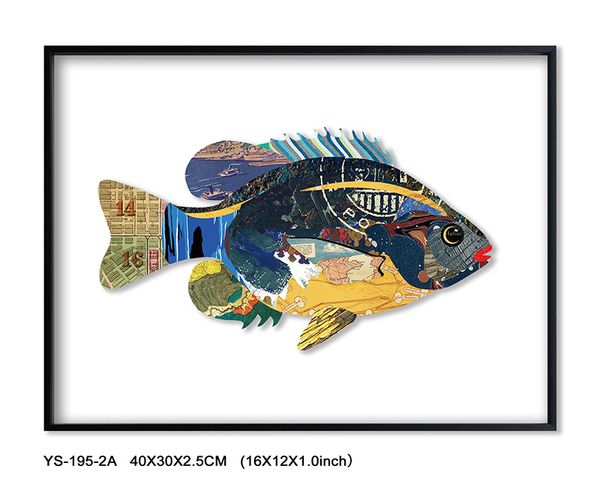 

handmade art collage, 3d visual effects decorative painting wall art fish collage art with wood color skinny ps frame glassless