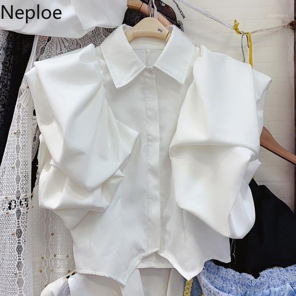 

neploe short puff sleeve women chiffon shirt 2020 summer korean short blusas single breasted turn down collar blouse 586721, White