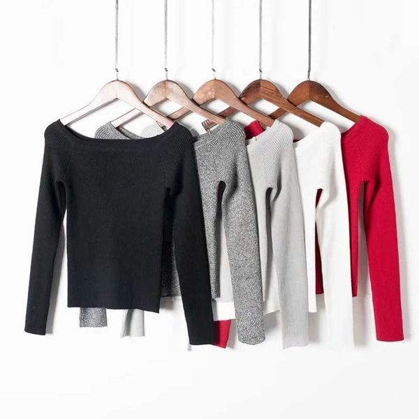 

women's new spring one 2020 line collar slim fit long sleeve short bottomed open navel knitted top, Black;gray