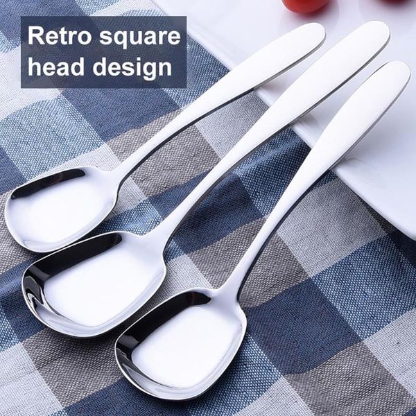 

spoons 1pcs portable thicken stainless steel flat suqare head soup spoon kitchen tableware dessert