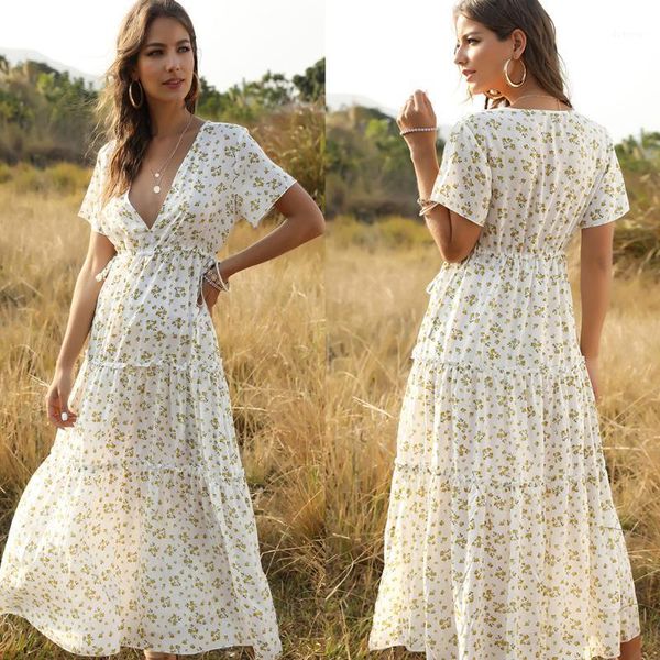 

fresh and sweet floral print women dress 2020 summer boho beach dress women casual party deep v neck long robe1, White;black