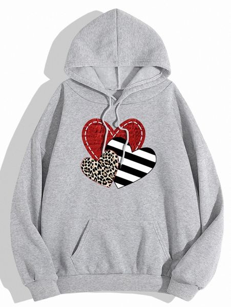

heart & leopard print drawstring drop shoulder thermal hoodie g8o7#, White;black