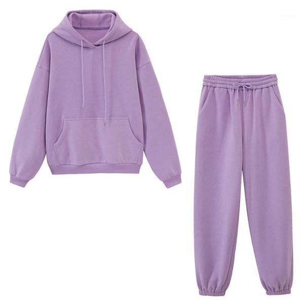 

women fleece hooded sweatshirts autumn winter thick warm long sleeve tracksuits loose fashion solid hoody sports 2 pieces set1, Black