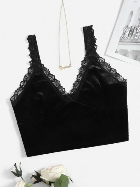 

lace trim crop velvet cami z1hm#, White