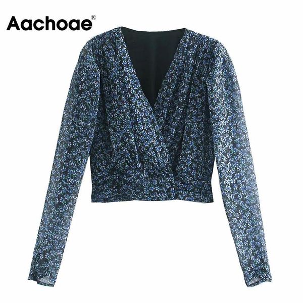 

aachoae women v neck floral print cropped blouses 2020 long sleeve vintage chiffon blouse shirt ladies casual short, White