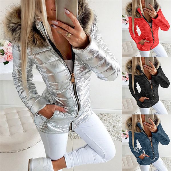 

plus size womens jackets winter warm fur collar glossy outwear clothing loose casual women zipper coats, Black;brown