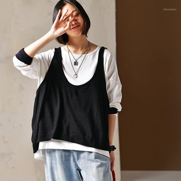 

u9062 artistic large round collar color matching t-shirt + vest set1, White
