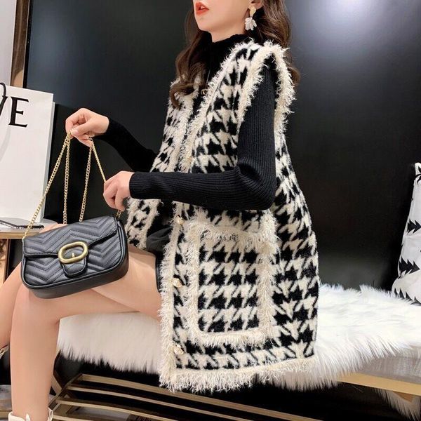

new houndstooth tassel vest jacket women's loose small fragrance knitted vest, Black;white