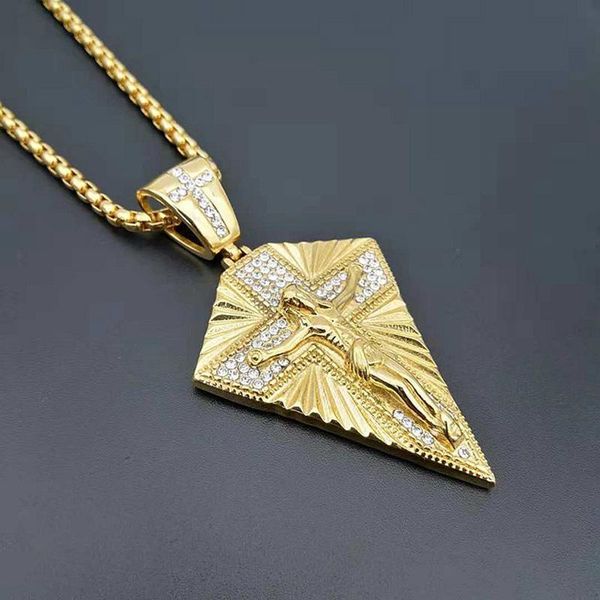 

pendant necklaces hip hop rock pave rhinestone inri crucifix jesus cross necklace bling gold triangle stainless steel men jewelry, Silver