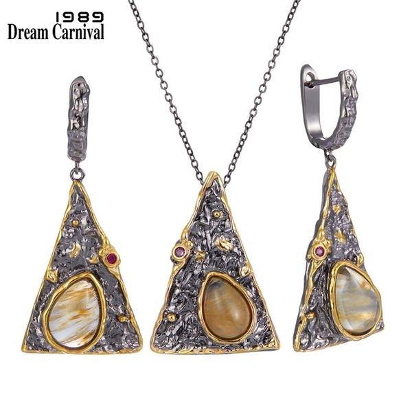 

dreamcarnival1989 new arrivals women pendant necklace earrings set pyramid look water melon cz jewelry black gold color ep3998s2 201222, Slivery;crystal