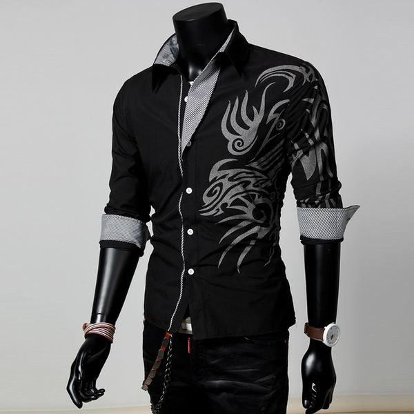 

men male fashion long sleeve european style tattoo dragon printed shirt silm fit shirt 4 colors, White;black