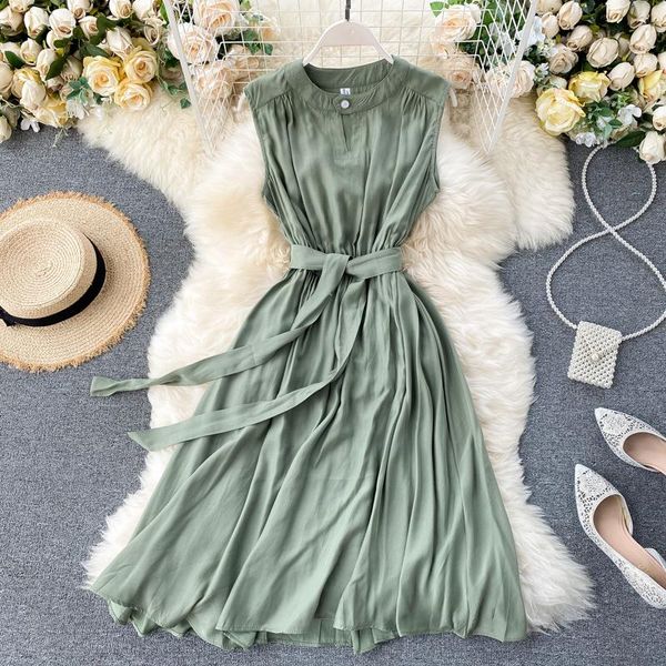 

summer solid casual dress women elegant sleeveless round neck sashes dresses vintage 2021 new fashion green dress, Black;gray
