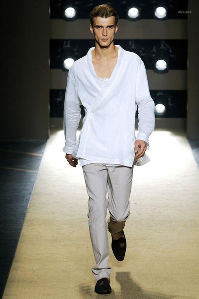 

s-5xl 2021 men's clothing new fashion collarless shirt white linen outerwear shirt national plus size stage singer costumes1, White;black