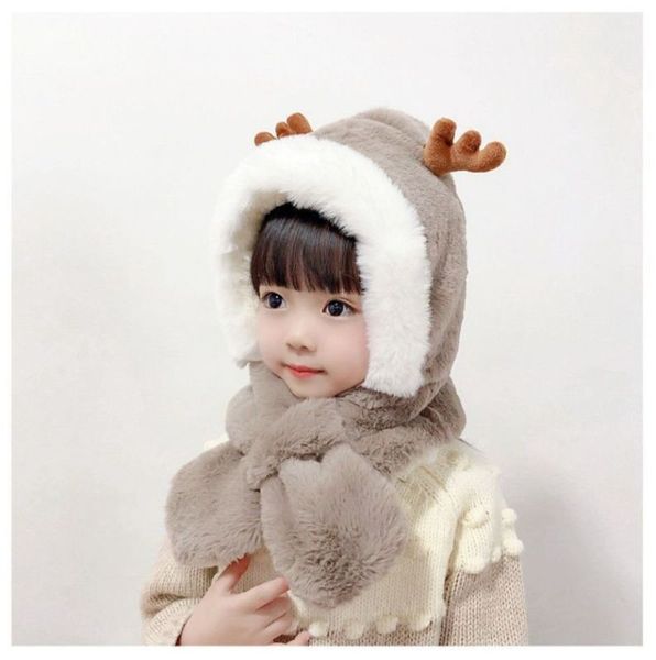 

winter children's and boys' scarf one cartoon antler hat plush thickened ear capjtip, Red;brown