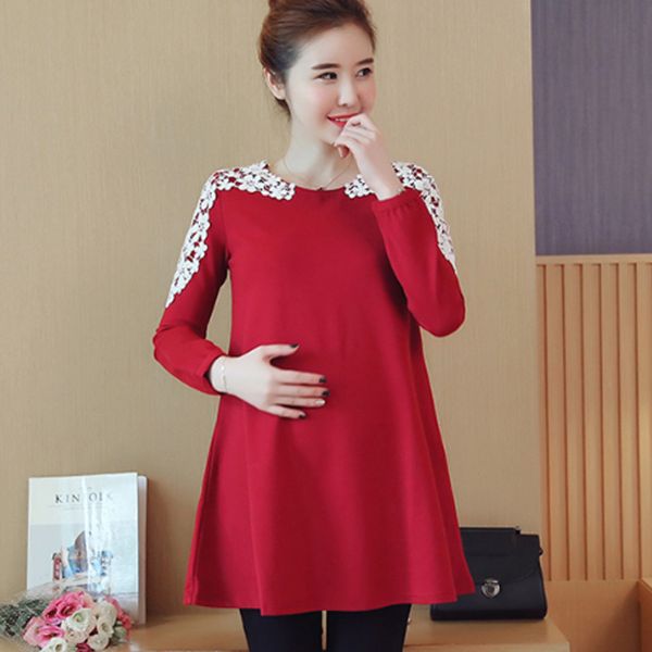 

maternity blouse shirt clothes pregnancy wear tees clothing black red lace dress clothes for pregnant women lj201120, White