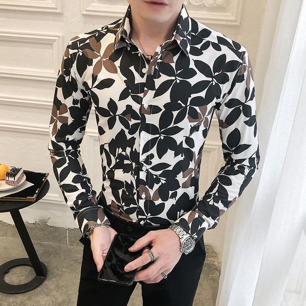 

full print shirts for men spring new vintage slim fit chemise homme soft comfort male clothing social party shirt, White;black