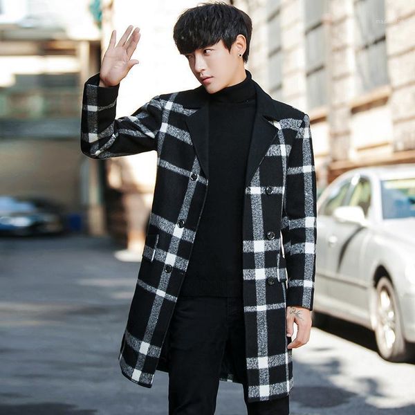 

men's wool & blends nice mens plaid blend coat heren jassen winter manteau homme hiver vintage men mid long black red check1