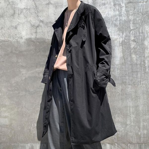 

men's trench coats autumn fashion solid color casual long coat men streetwear wild loose korean windbreaker jacket mens1, Tan;black