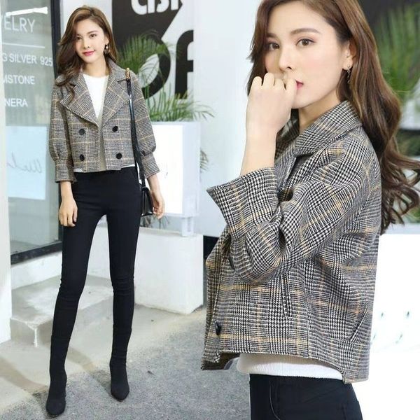 

woman autumn short plaid woolen coat houndstooth jacket lj201106, Black