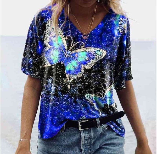 

women loose summer blouse shirts casual short sleeve v-neck butterfly print tee shirt femme plus size lady, White