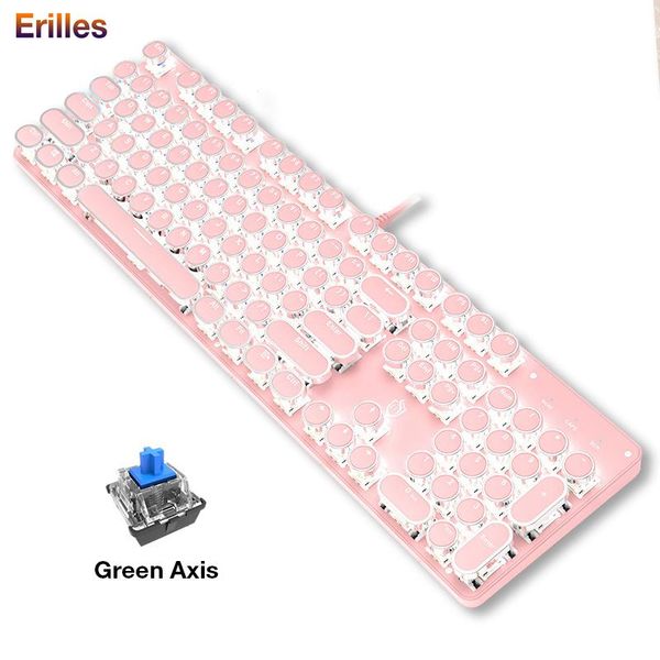 

real mechanical keyboard green axis 104 key gaming keypads rgb backlit punk romantic pink keyboards metal plate wired keyboard