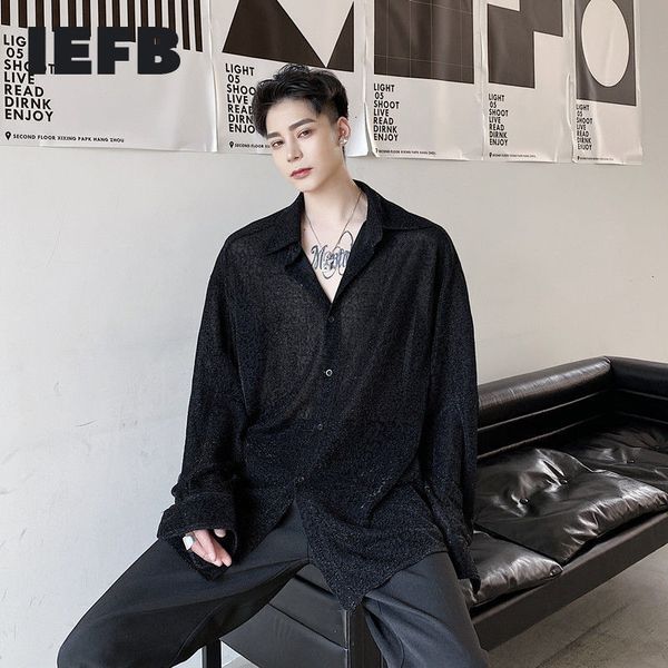 

iefb men's spring new velvet bright silk pattern shirt personalized fashion design black wine red oversize long sleeve 5017 c1212, White;black