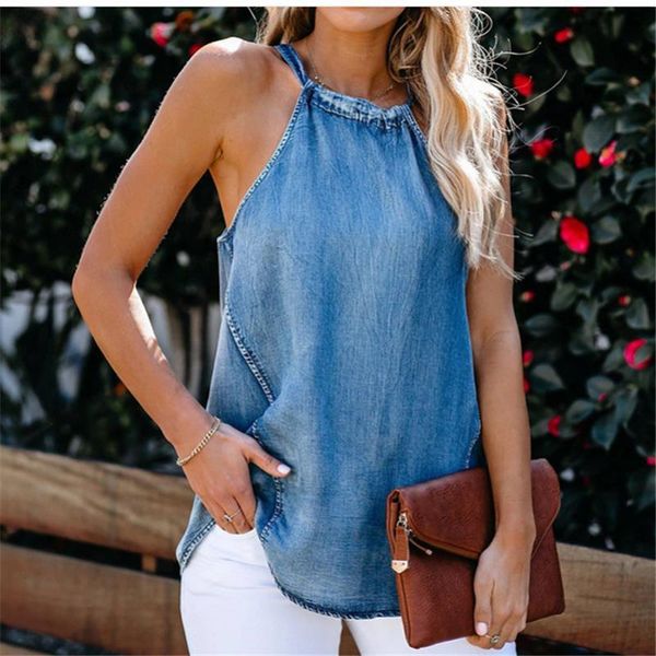 

2020 fashion trend women ladies halter denim imitation jean vest solid color lace up sleeveless casual tanks camisole, White