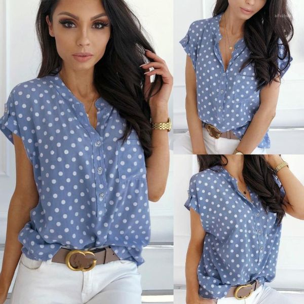 

blue polka dot print womens and blouses short sleeve v neck slim blouse women summer clothes casual loose shirts streetwear1, White