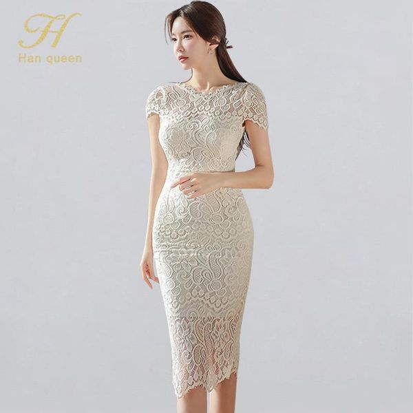 

h han queen women elegant bow hollow out lace vestidos 2020 summer bodycon pencil dress casual o-neck slim sheath dresses, Black;gray