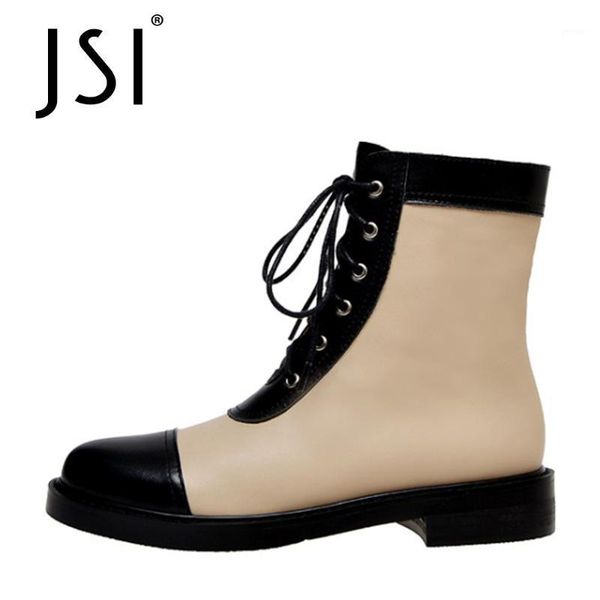

boots jsi mid-calf low square heel genuine woman winter round toe ladies cross-tied patchwork plaid jo6271, Black